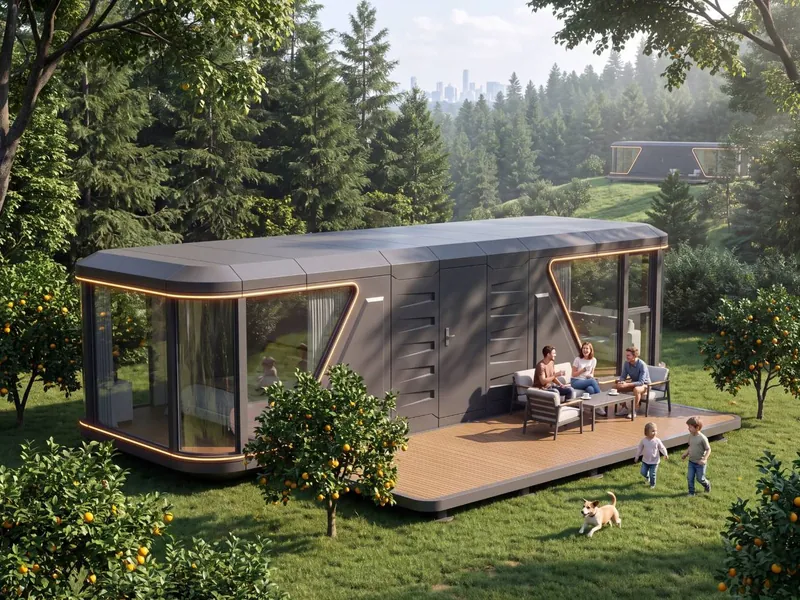 Капсульный дом Apple House AH7 с деревянной террасой среди апельсиновых деревьев